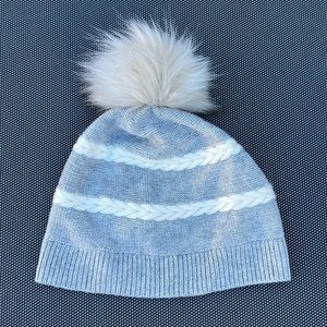 NWT Talbots Gray & White Beanie with Faux Fur Pom Pom. Cozy and stretch fit.